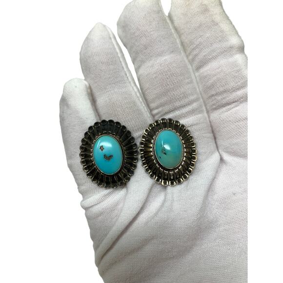 Vintage Richard Begay Sterling Silver Turquoise Earring Studs Oval Stamped RB - Picture 1 of 7